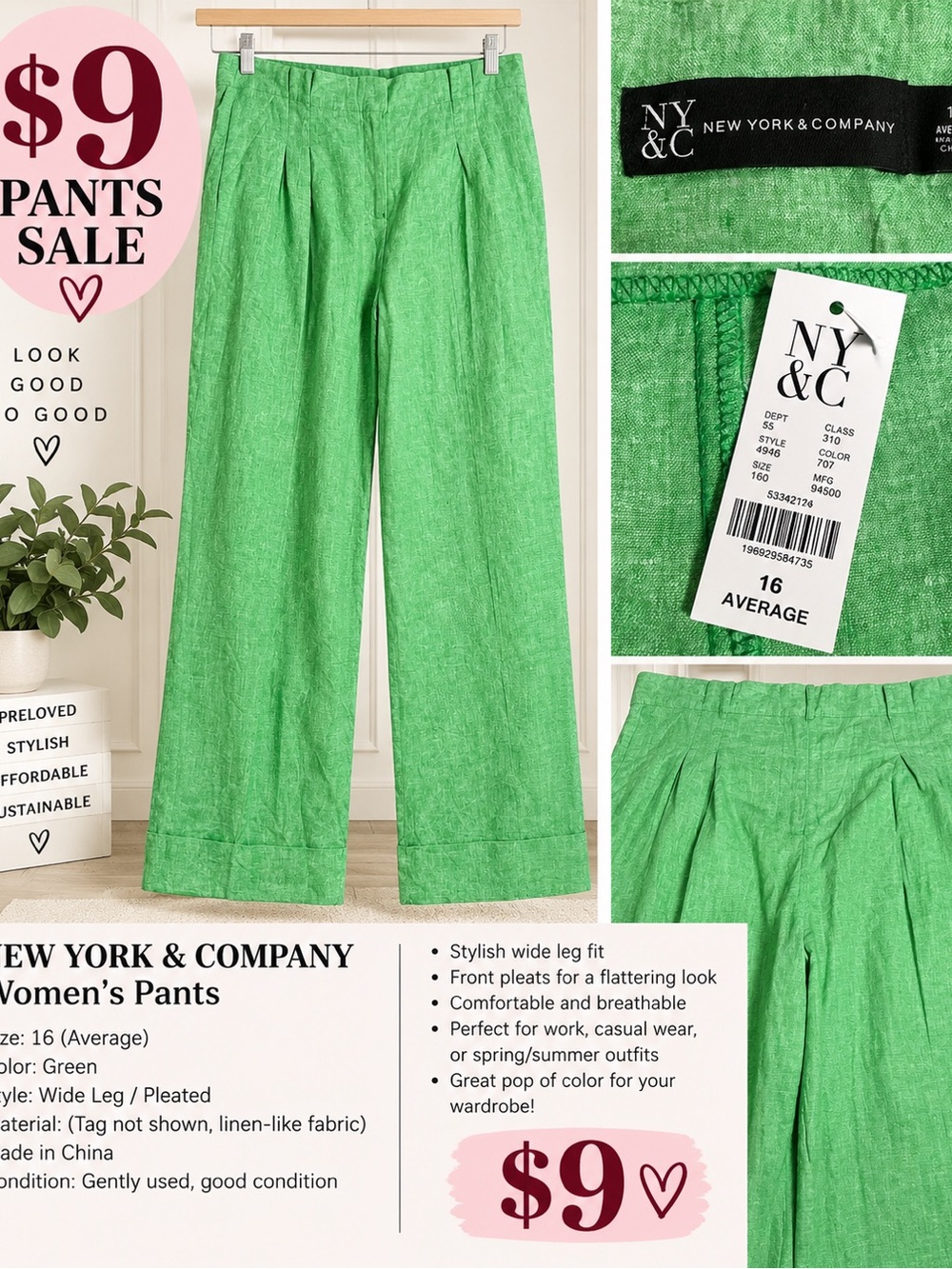 New York & Company Bright Green Wide-Leg Pleated Pants